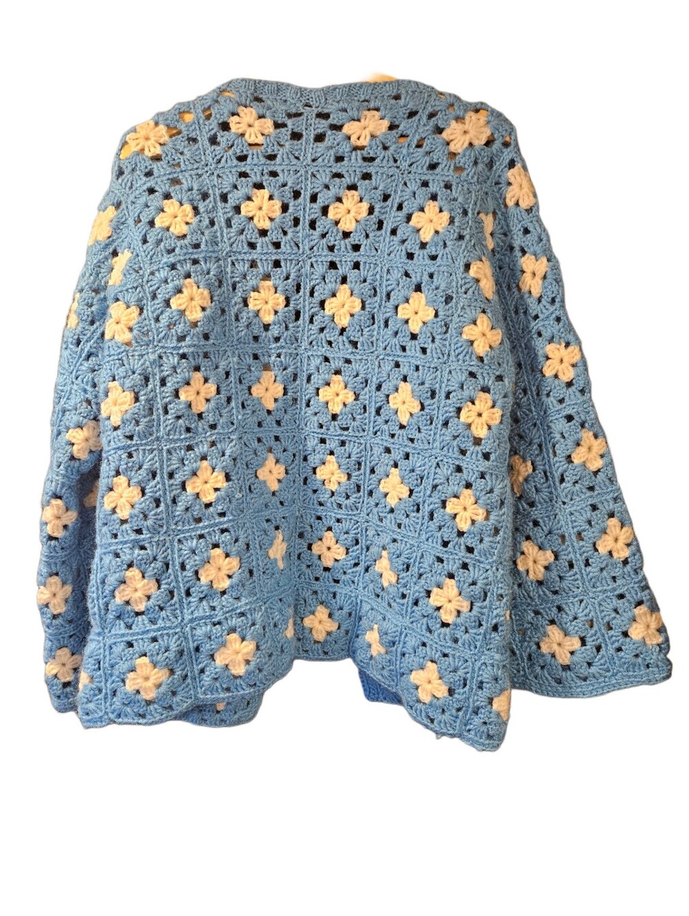 VTG Handmade Granny Square Crochet Cardigan Blue White Oversized OS - Picture 5 of 13